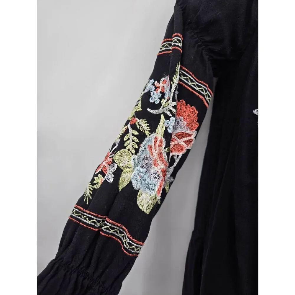 Free People Fluer Du Jour Dress Size XS Black Embroidered Floral Boho Summer